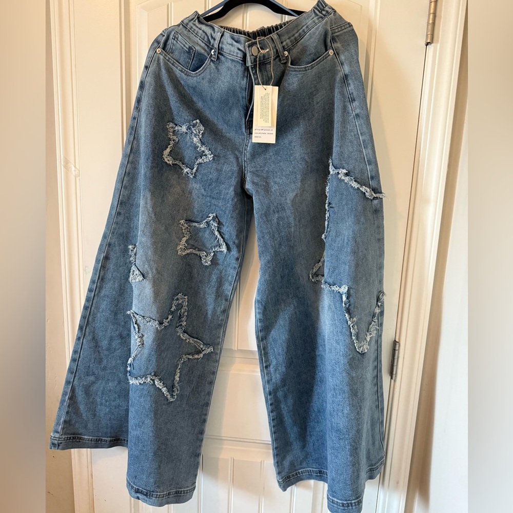 Blue Velvet Star Patch Wide Leg Jeans